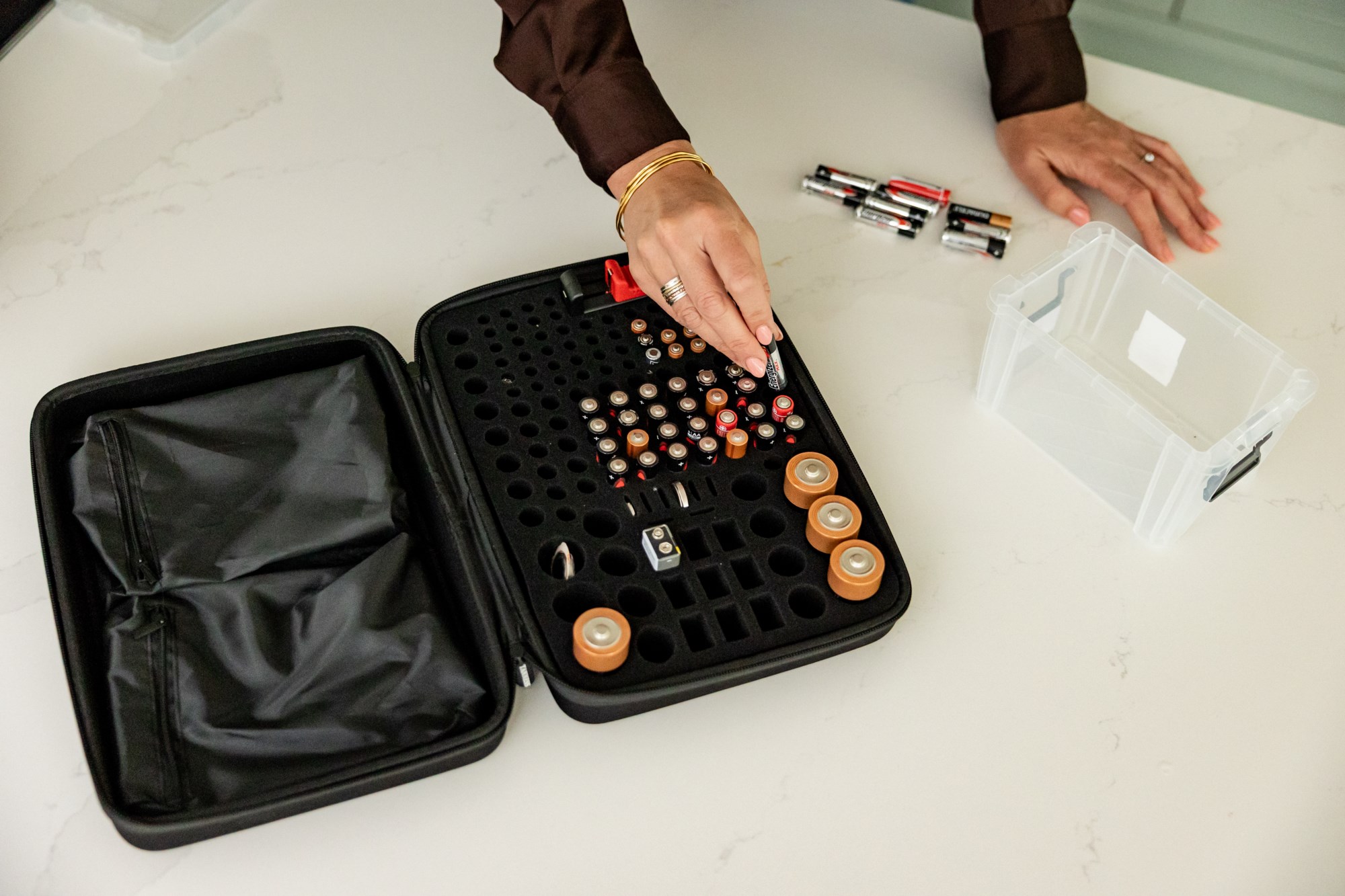 Organised battery storage case from above